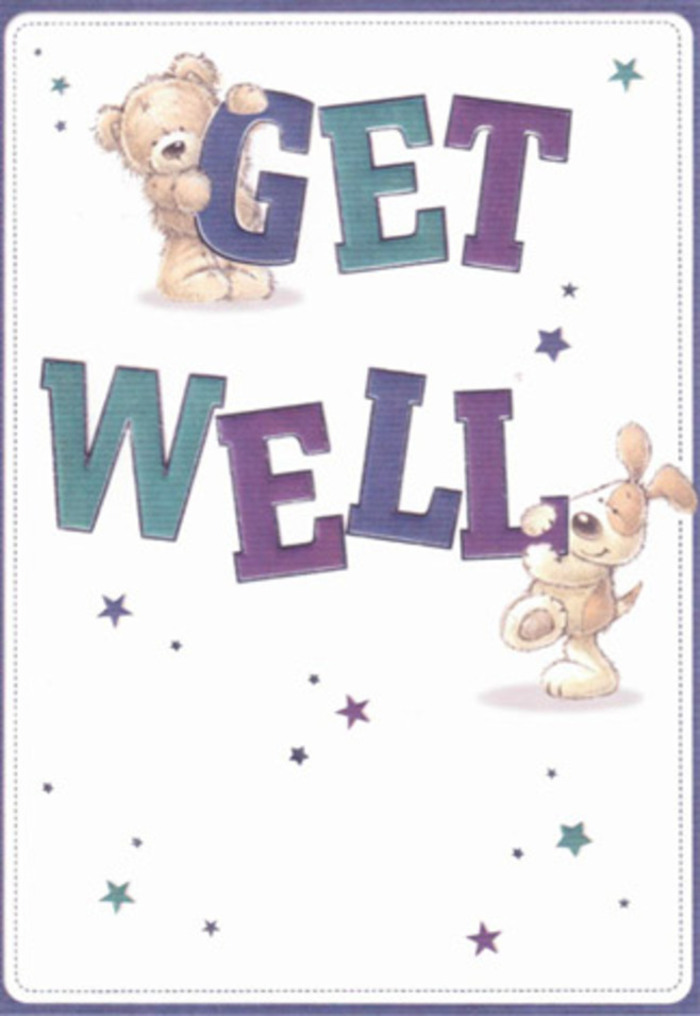 A heartfelt message of hope and encouragement blossoms on this get well card, rendered through the delightful pairing of a rounded teddy bear and an exuberant floppy-eared puppy. Each character interacts lovingly with oversized, confident letters shaded in jewel-toned purples and fresh teal blues, spelling out 'GET WELL' against a clean white background reminiscent of the peacefulness found in Gerrards Cross's leafy avenues. Playful stars in sky-blue and violet scatter across the scene, their movement echoing well wishes traveling from neighbour to neighbour, just as a bouquet might be delivered to a doorstep on Station Road. The visual textures invite touch-the bear's downy coat and the puppy's soft, velvety ears coaxing smiles, while the letters themselves rise almost sculpturally from the page. Each element is carefully composed with the same attention as a master florist arranging blooms, every detail a testament to care and intention. There's a serene, uplifting mood that offers solace and reassurance, as if the card itself wraps the recipient in the friendly atmosphere unique to Gerrards Cross. Perfect for anyone needing a heartfelt pick-me-up, this card partners playful illustration with local sincerity to create a lasting impression of kindness and comfort.