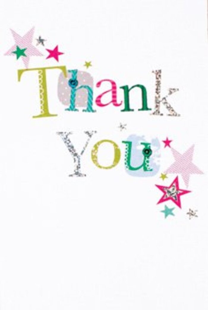 There's a gentle but unmistakable energy in this thank you card-a refined exuberance so typical of Gerrards Cross. The lettering is visually rich: each letter in 'Thank You' stands apart, some playful with stitched swirls or playful dots, others elegant with elongated forms reminiscent of musical notes drifting through Gerrards Cross Memorial Centre. Awash in vivid green, confident pink, and tranquil blue, several letters are flecked with a hint of silver, lending a luminous touch. Star motifs in blush, teal, and shining silver cluster near the message, evoking the festive air of community events in West Common. Everything is framed by a flawless white background that lets every colour ignite, reminiscent of the feeling as you unwrap a bouquet beside a sunlit Gerrards Cross window. The arrangement combines modernity and warmth, neither formal nor overly casual-just like the conversations on Oak End Way after market day. This card would make a graceful companion to flowers of any style, capable of capturing gratitude in both intimate moments and larger celebrations. In every stitch, star, and shimmer lies the mark of a florist who knows the value of sincerity-and the transformative power of beautifully given thanks.